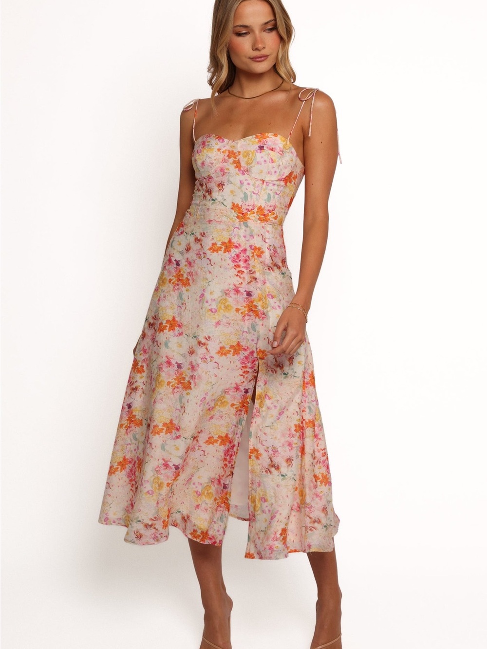 Cordelia Midi Dress Floral Tie-Shoulder Midi Dress in Multi-Color